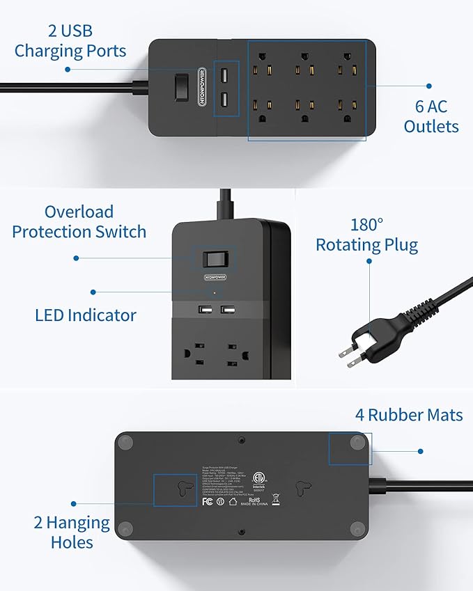 2 Prong Surge Protector Power Strip with 10ft Extension Cord, NTONPOWER 2 Prong to 3 Prong Outlet Adapter with 6 Outlets 2 USB Ports, 2100J Surge Protector Wall Mount for Old House Non-Grounded Outlet