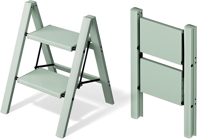 2 Step Ladder,Aluminum Folding Step Stool for Adults,Step Ladder with Wide Anti-Slip Pedal,330 lbs Capacity for Home,Office,Kitchen,Library(Green)