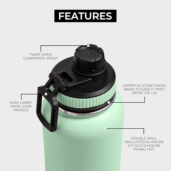 BOZ Stainless Steel Water Bottle - Vaccum Insulated Water Bottle 32 Oz - Wide Mouth BPA Free Sport Water Bottle for Gym with Spout Lid - Thermal Hot & Cold 1 Litre Green Water Bottle