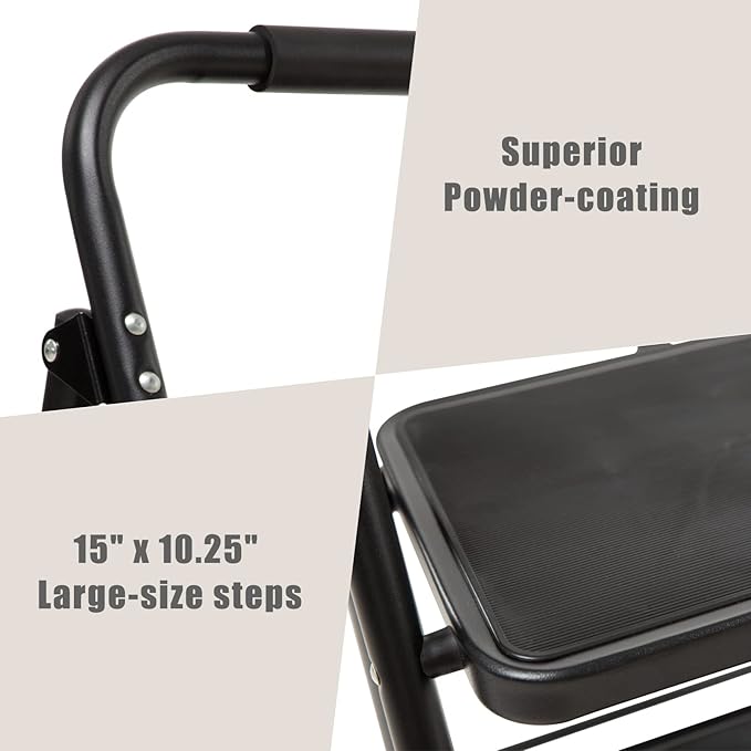 Wiberwi 3 Step Ladder Folding Step Stool for Adults with Top Handrail 330 Lbs Capacity, Lightweight & Portable Step 3 Stool Ladders with Wide Pedal for Home Kitchen Sturdy Steel Frame Black