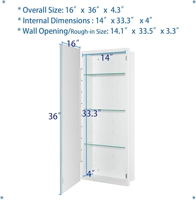 Bathroom Medicine Cabinet with Beveled Edge Mirrored Door 16 x 36 inch, Recessed or Surface Mount, with Adjustable Glass Shelves