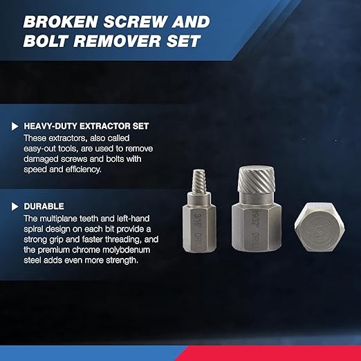 NEIKO 04204A Hex-Head Multispline Screw and Bolt Extractor Set, Easy-Out Screw Extraction, Broken Bolt Remover, Stripped Fastener Tool, 1/8 Inch to 7/8 Inch in 1/32-Inch Increments, CrMo, 25 Pieces