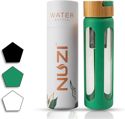 Glass Water Bottles with Stainless Steel Fruit Infuser | Insulated Water Bottle | Reusable Glass Water Bottles with Silicone Sleeve & Bamboo Lid | BPA Free and Leakproof | Sea Green | 1 Pc