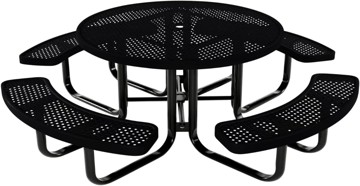Coated Outdoor Furniture Heavy-Duty Portable Outdoor Kids Table with Umbrella Hole, Punched Steel Kids Picnic Table, Commercial-Grade, Made in America (46 In, Round, Childrens, Black)