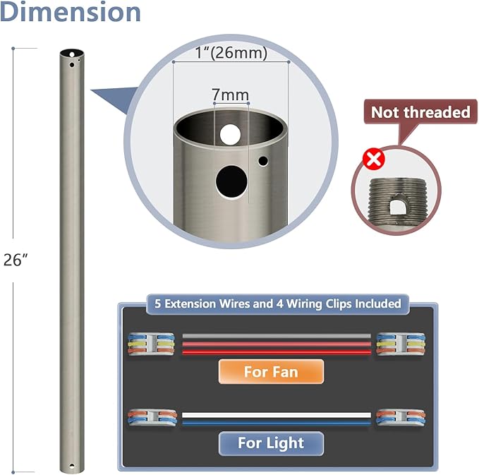 26" Ceiling Fan Downrod, 【1 Outside Diameter】 Brushed Nickel Extended Downrod, including 4 Wire Connectors and 5 Extension Wires (No Threads)