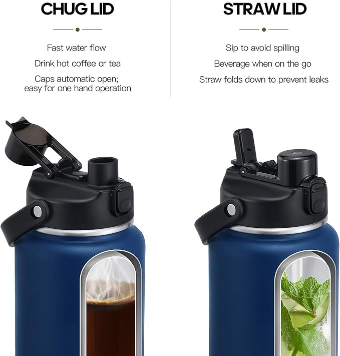 Half Gallon Insulated Water Bottle with 2-in-1 Lid (Chug Lid/Straw Lid), 40/64oz Double Walled Vacuum Stainless Steel Water Bottles, Water Jug with Straw