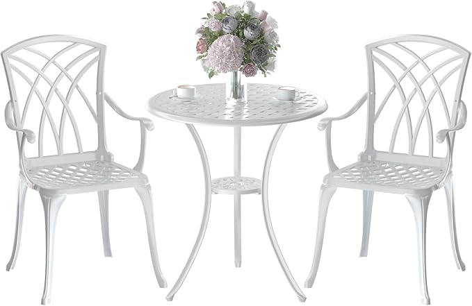 Patio Bistro Set 3 Piece, Cast Aluminum Bistro Set for 2 w/Umbrella Hole, Outdoor Table and Chairs Set of 2, Bistro Set for Balcony/Backyard/Garden, White