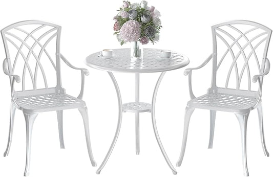Patio Bistro Set 3 Piece, Cast Aluminum Bistro Set for 2 w/Umbrella Hole, Outdoor Table and Chairs Set of 2, Bistro Set for Balcony/Backyard/Garden, White