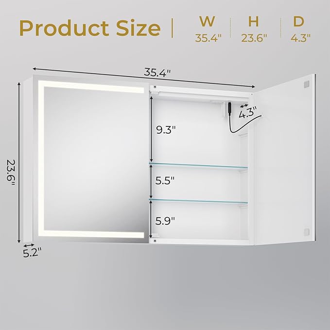 DICTAC Medicine Cabinet with Mirror and LED Light, Wall Mounted Bathroom Mirror with Storage, 2 Doors Bathroom Wall Cabinet, Memory Dimmable 3 Color Temp, Adjustable Shelves, 35.4''x23.6''
