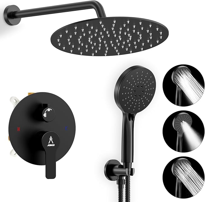 Shower Faucet Set 10IN Brass Rough-In Valve Body Trim Kit Rainfall Included Handle Accessories Complete 2 Functions with Rain Head and Handheld Bathroom Systems (10'', Matte Black)