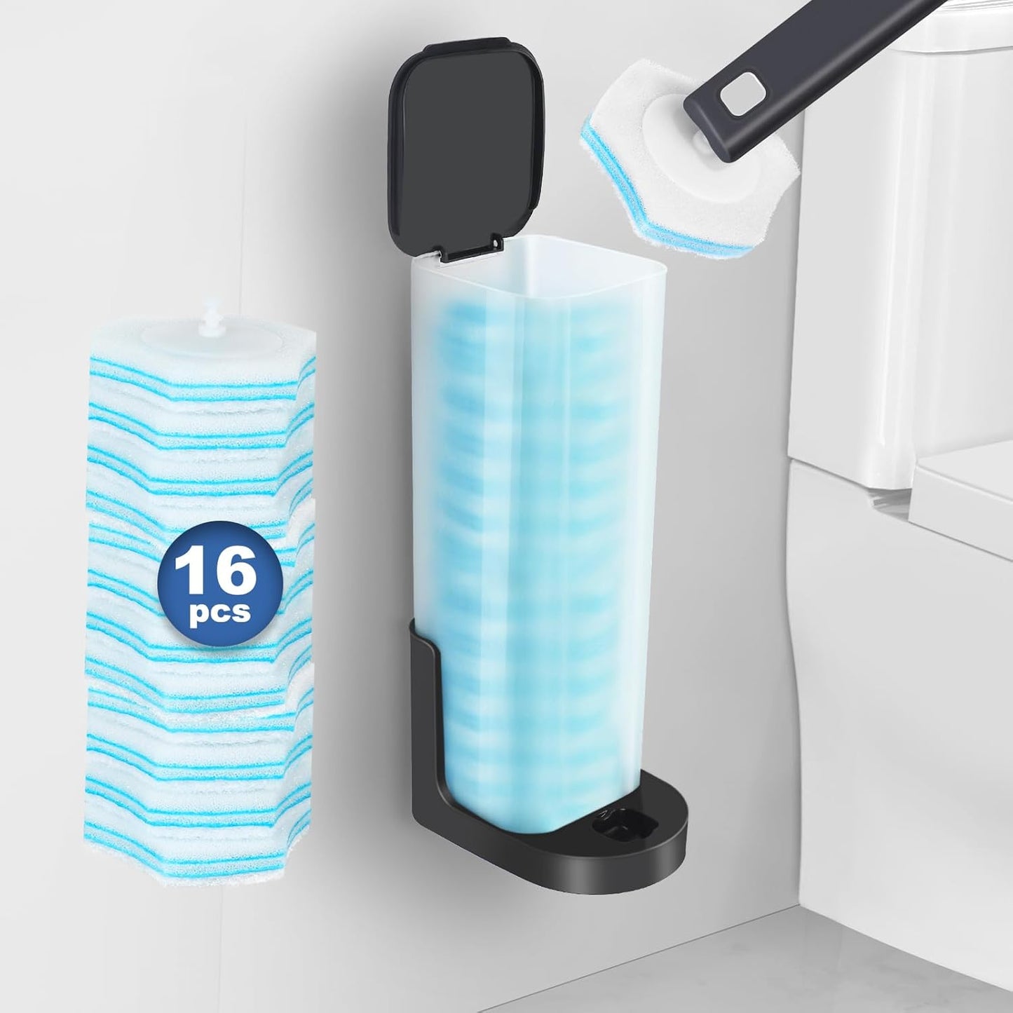 squish Disposable Toilet Brush with 16 Refills, Wall-Mounted No-Drill Adhesive Holder, Toilet Cleaning Kit for Bathroom - Space-Saving & Easy to Use