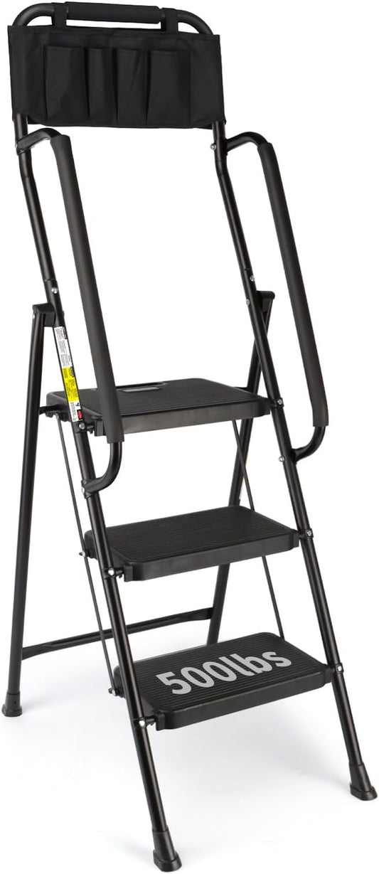 Valeo 3 Step Ladder with Handrails,500 Lbs Capacity,Folding Step Stool Ladder with Attachable Tool Bag,Lightweight & Storage Step Ladder 3 Step Folding,Multi-use for Home,Kitchen,Office,Black