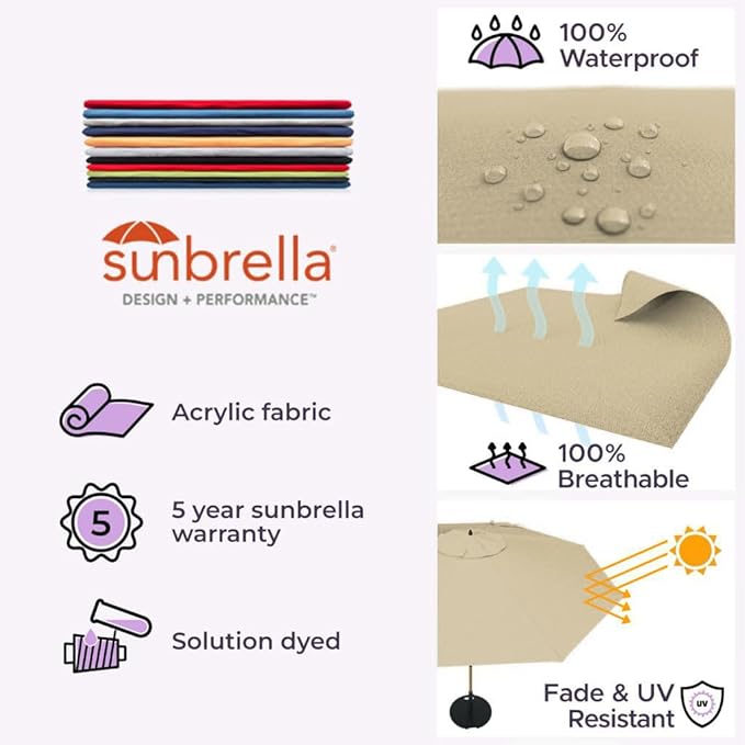 Midtown Umbrellas Push Pop Sunbrella Umbrella 8 Feet Outdoor Umbrella in Heather Tan Acrylic Fabric - Patio, Backyard, Garden, Picnic Table & Pool - Black Pole