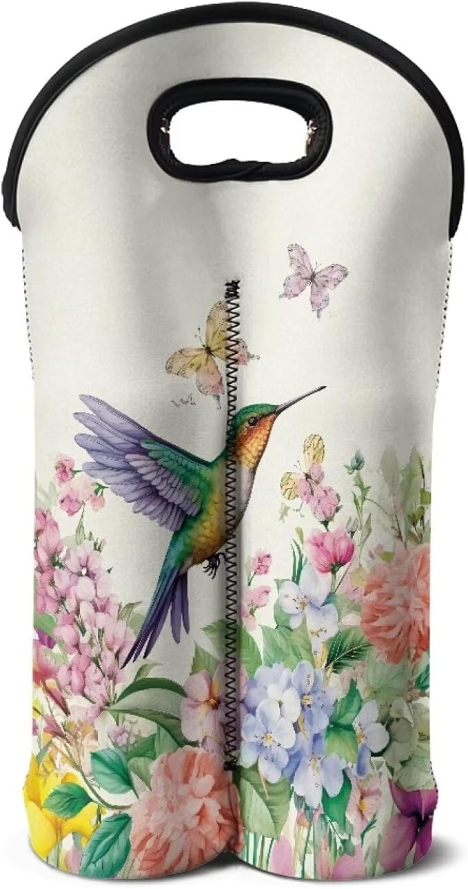 doginthehole Neoprene Wine Tote Hummingbird Wine Carrier Bag with Divider for Travel, Portable Wine Gift Bag Insulated Sleeve Champagne Carrier Bag