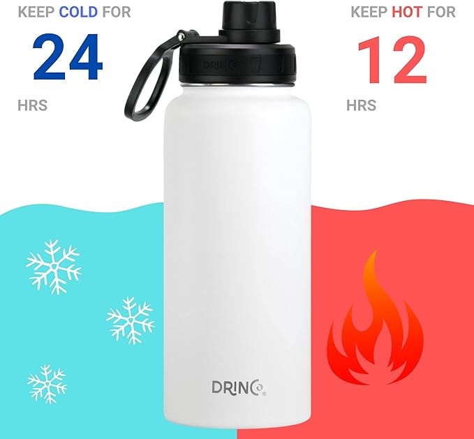 DRINCO Stainless Steel Water Bottle Spout Lid Vacuum Insulated Double Wall Water Bottle USA Flag Military Veteran (32oz US Flag Color Artic White, 32oz)