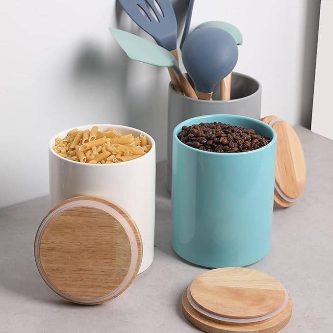 Sweejar Kitchen Canisters Ceramic Food Storage Jar, Stackable Containers with Airtight Seal Wooden Lid for Serving Coffee Bean, Flour, Tea, Cookies and More - 73 Fl Oz(White)