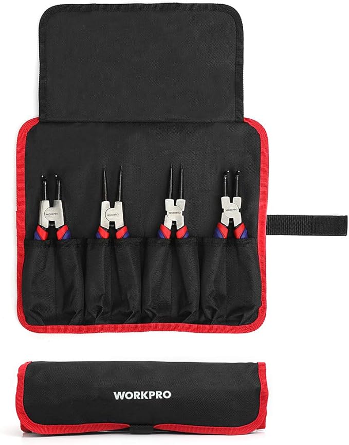 WORKPRO 4-Piece Snap Ring Pliers Set - Heavy Duty 7-inch Internal/External Circlip Pliers Kit (Tip Diameter 5/64'')-Straight/Bent Jaw - Cr-V Steel - For Ring Remover Retaining- Storage Pouch Included