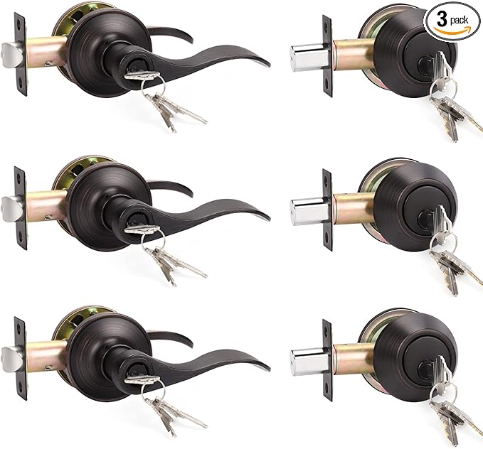 KNOBWELL 3 Pack Front Entry Door Handle Lock Set with Single Cylinder Deadbolt, Exterior Entry Lever Door Handle and Deadbolt, Door Handle Lever with Lock and Key, Oil Rubbed Bronze, Keyed Alike