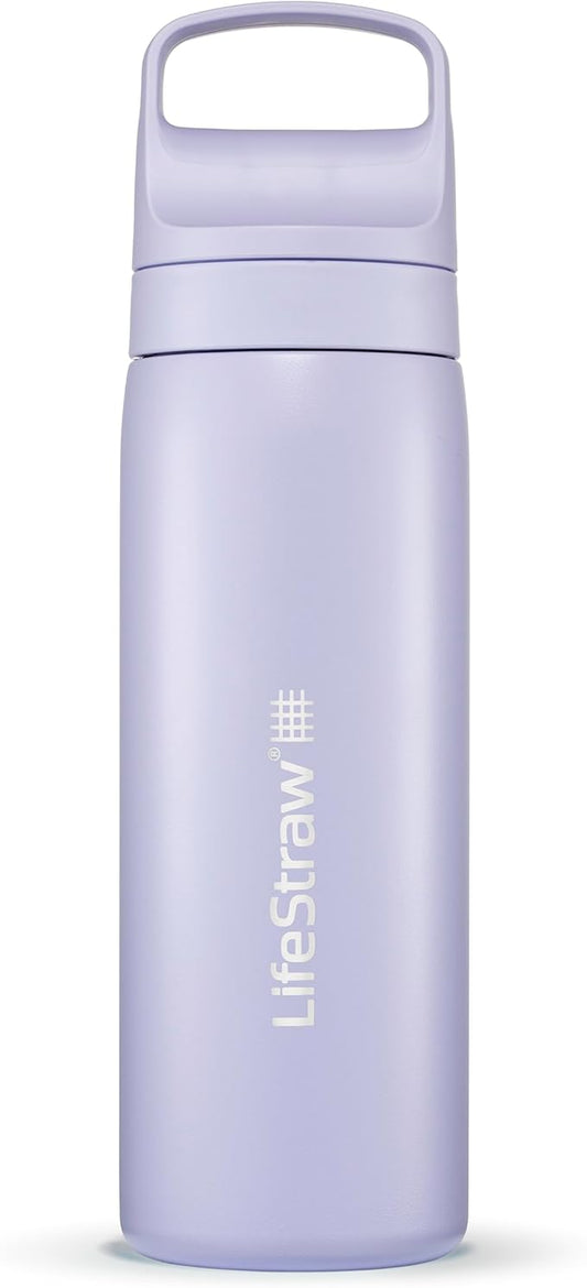 LifeStraw Go Series – Double Wall BPA-Free Vacuum Insulated 18 oz Stainless Steel Water Filter Bottle for travel and everyday use; Provence Purple