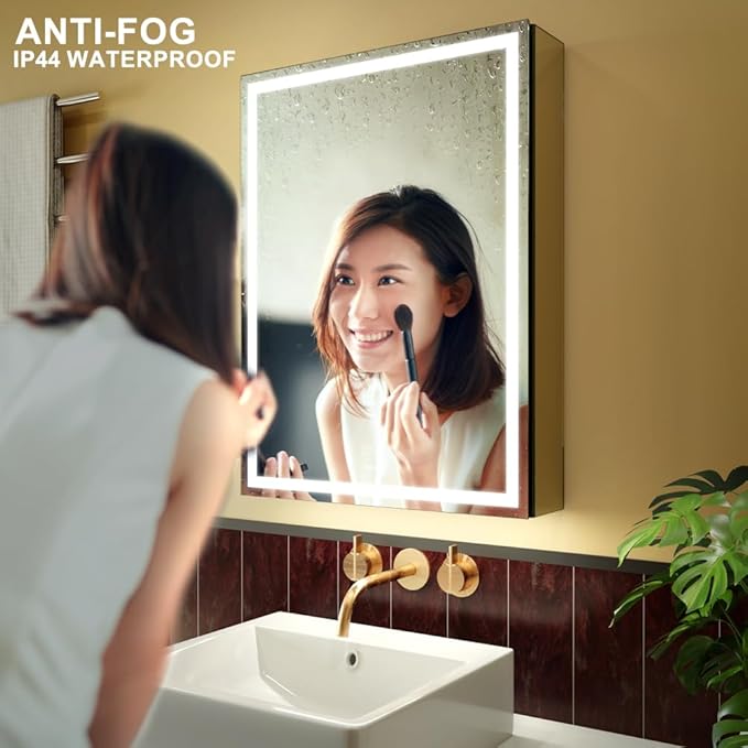 LED Lighted Bathroom Medicine Mirror Cabinet with Sockets & USBs, Anti-Fog Dimmable Light and Color Adjustment, Easy to Install Aluminum Cabinet (Left Hinge, 20 * 28 inch)
