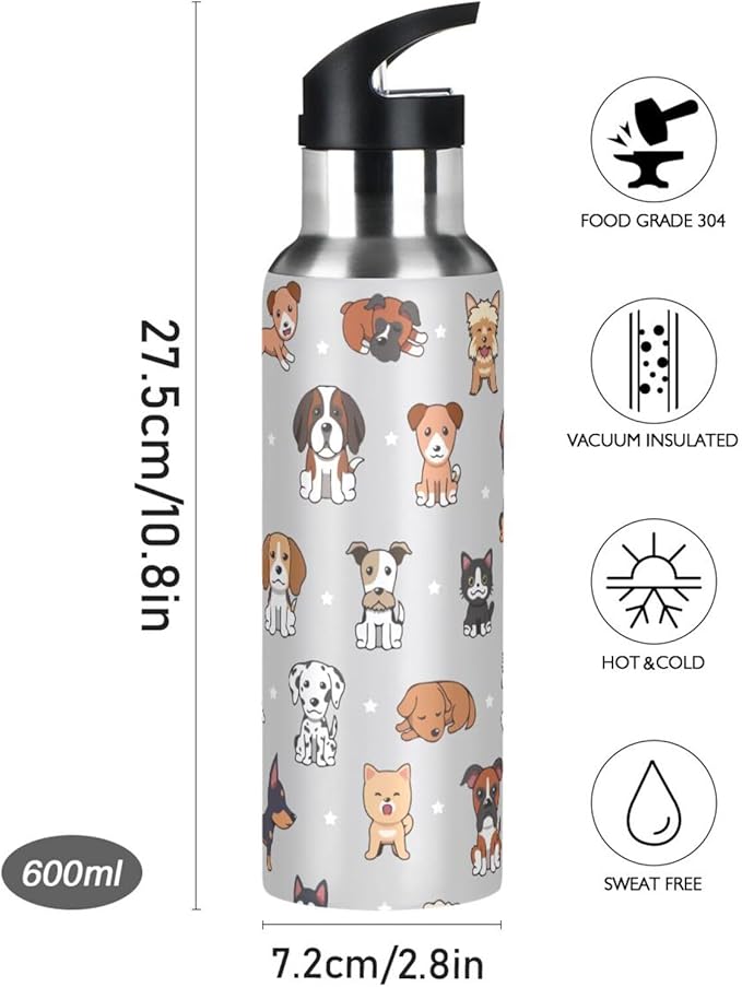 cute dog Stainless Steel Water Bottle with Straw Lid - 20 Oz Sports Insulated Water Bottle Thermos for Sport Gym Outdoor Travel School (DZ004)