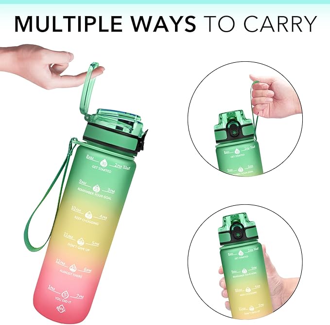 GOSWAG 32oz Motivational Water Bottles with Time Marker and Fruit Strainer, Sports Water Bottle with Times to Drink, Leakproof, Reusable Plastic Bottle with Strap no Straw for Gym, School