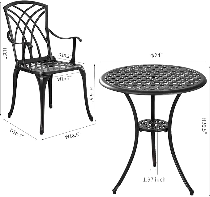 Bistro Set 3 Piece Outdoor,Cast Aluminum Outdoor Bistro Set,All Weather Bistro Table and Chairs Set of 2 with 1.97" Umbrella Hole,Patio Bistro Sets for Garden(Woven Black)