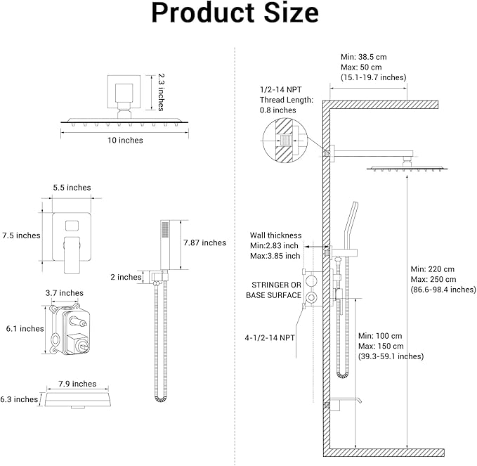 Rain Shower Faucet Set Wall Mounted Rainfall with Tub Spout Shower Head System Rough-in Valve Body and Trim Included Brush Nickel (10 Inches)