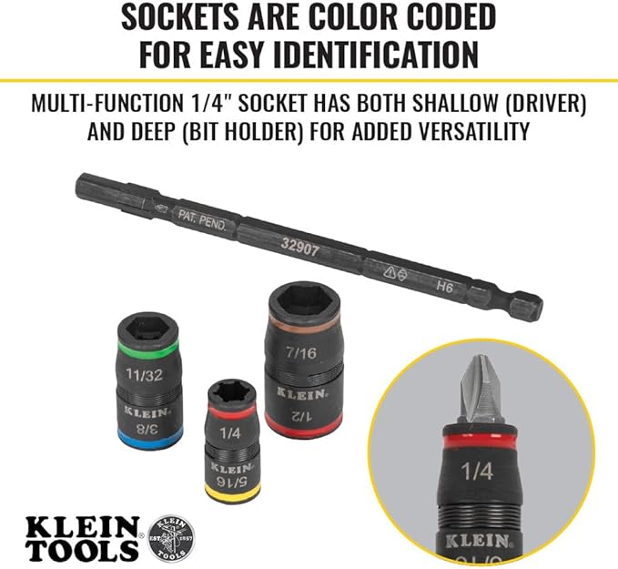 Klein Tools 32907 Impact Driver, 7-in-1 SAE Impact Socket Set, Flip Socket Set with 1/4, 5/16, 11/32, 3/8, 7/16 and 1/2-Inch Nut Driver Sizes and 1/4-Inch Bit Holder, 5-Inch Shaft
