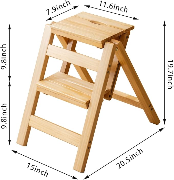 Wooden Step Stool, Foldable 2 Step Ladder, Solid Wood Ladder Stool for for Home, Kitchen & Garden Nature