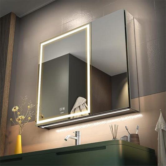 LED Lighted Bathroom Medicine Mirror Cabinet with Sockets & USBs, Anti-Fog Dimmable Light and Color Adjustment, Antirust and Easy to Install Aluminum Cabinet (30 * 28 inch