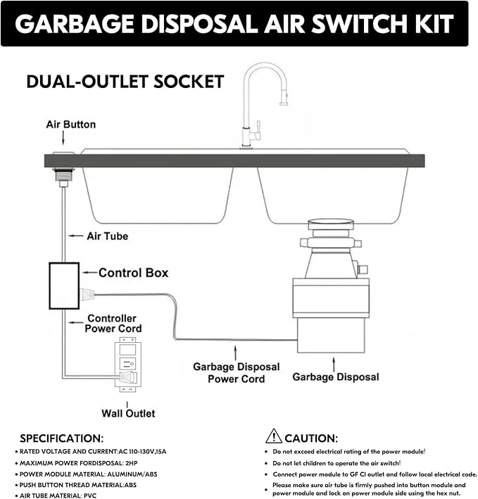 Garbage Disposal Air Switch Kit, Garbage Disposal Button, Kitchen Garbage Disposal Switch Button, Sink Top Waste Disposer On/Off (Black Stainless Steel)