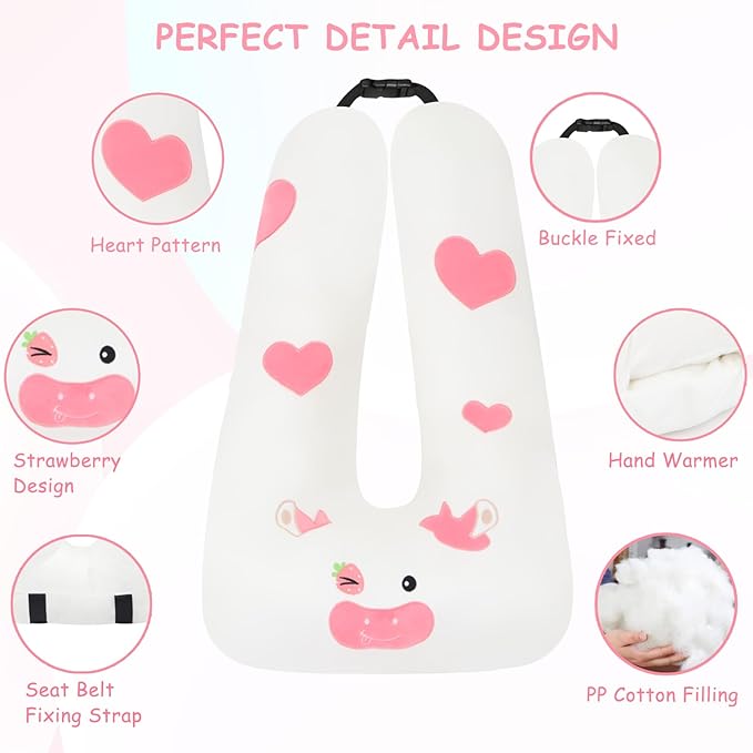 Kids Travel Pillow for Car Seat with Hand Muff, Strawberry Cartoon Neck & Headrest Seat Belt Pillow for Car Road Trips Long-Distance Travel Sleeping Pillow for Adults and Children, Cow
