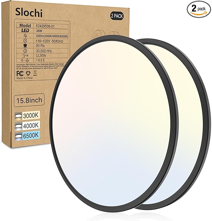 slochi 15.4 Inch 2 Pack Flush Mount LED Ceiling Light Black, 36W Ultra Thin LED Ceiling Light, 3000K/4000K/6500K 3 Color Temperature Low Profile Ceiling Light Fixtures for Kitchen Living Room Bedroom