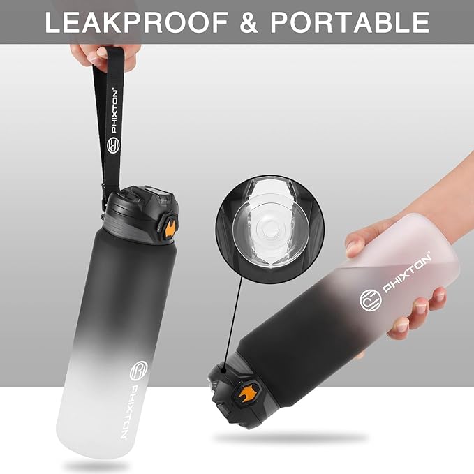 PHIXTON 32 OZ Water Bottle With Removable Straw Time Maker, 1L BPA Free Thick Tritan Plastic Leak Proof Waterbottle tracker, Motivational Measured Sports Flip Top Jugs 32oz For Drinking