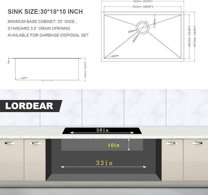 Lordear 30 Black Stainless Steel Kitchen Sink - 30x18 Inch Kitchen Sink Undermount 16 Gauge Stainless Steel Gunmetal Black Single Bowl Handmade Sinks Basin
