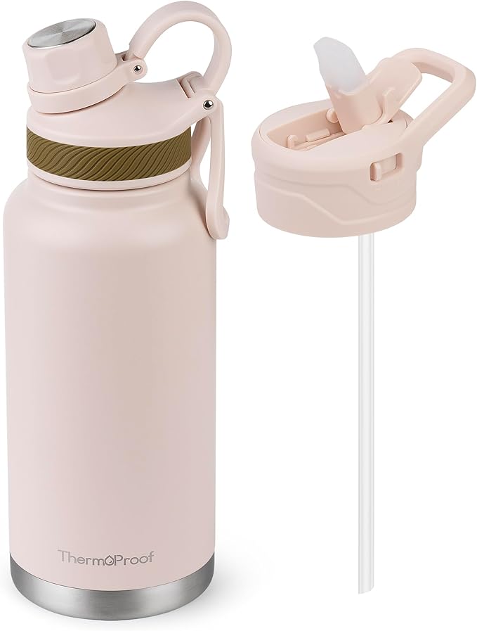ThermoProof Double-Walled Vacuum Insulated Stainless Steel Water Bottle - Wide Mouth Canteen with Spout & Straw Lids, Dishwasher Safe, Reusable, Leakproof, BPA-Free - 32oz, Taupe