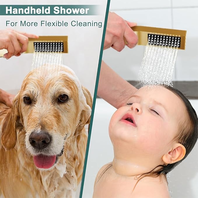 Shower Faucet Set Brushed Gold Shower System, STARBATH 12+6" Dual Rain Shower Head with Handheld Spray for Two People,Wall Mount Rainfall 3 Way Shower Valve with 5 Diverter and Trim Kit Complete