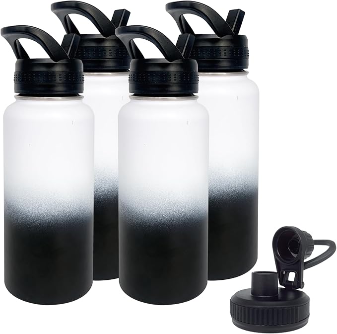 4pack 32 oz Insulated Water Bottle With Straw, Stainless Steel Sports Water Cup Flask with 2 Lids, Wide Mouth Travel Thermal Mug,Black white