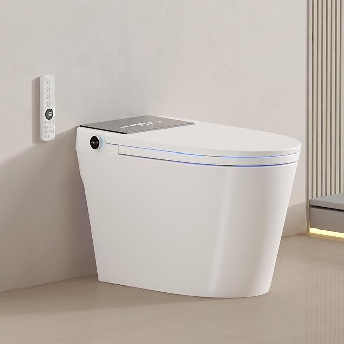 Smart Toilet with Built-In Bidet, Heated Seat, Dual Auto Flush with Foot Sensor, Tankless Design, Warm Water Wash & Dry, Modern Elongated Electric Toilet, LED Display, 1000g MAP, 1.28GPF