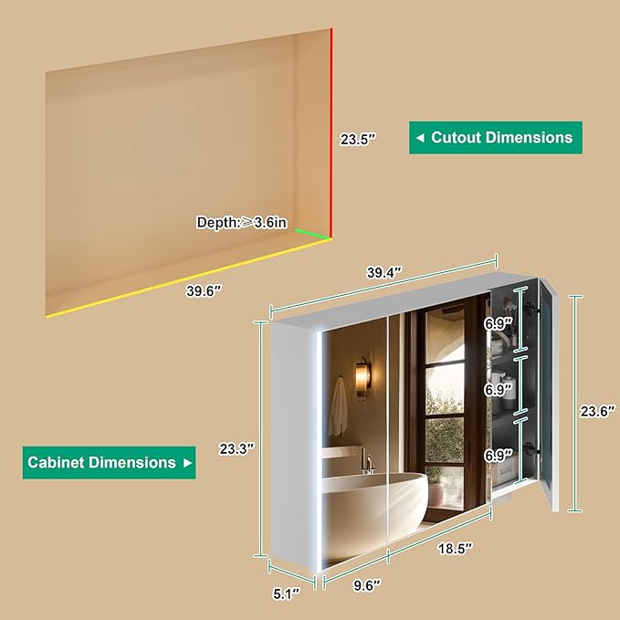 40x24 Inch Medicine Cabinet with Light, AL Alloy Frame, Full-Assembled Bathroom Mirror Cabinet with Brightness Adjustable and Storage Shelves, Led Medicine Cabinet with Recessed or Wall Mount,Sliver