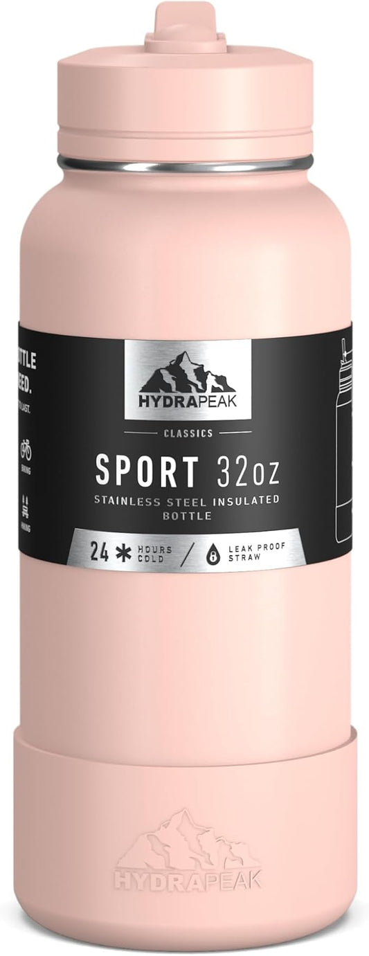 Hydrapeak 32oz Sport Insulated Water Bottle with Straw or Chug Lid, Leak & Spill Proof, Keeps Drinks Cold for 24 Hours, Hot for 12 Hours, Premium Stainless Steel Water Bottles (32oz, Peony)