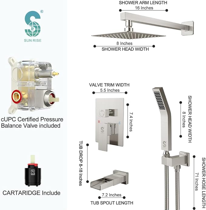 SR SUN RISE 8 Inches All Metal Square Shower System with Tub Spout, Tub Shower Faucet Set, High Pressure Rain Shower Head and Handheld Sprayer Shower Fixtues, Valve Included, Brushed Nickel