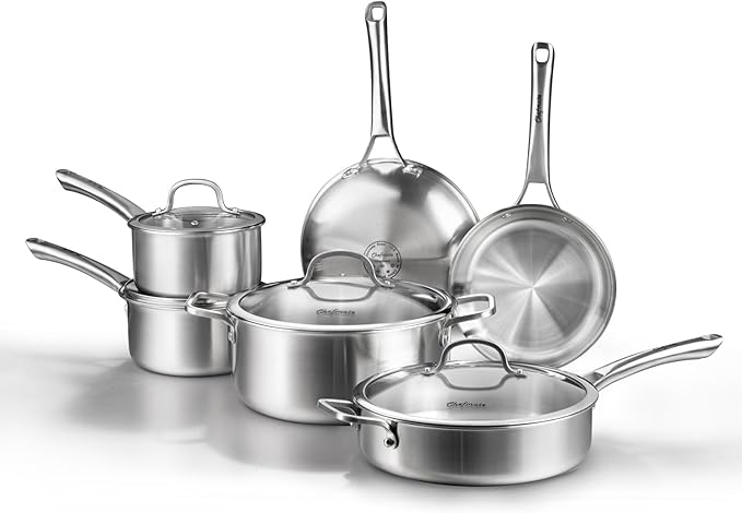 Stainless Steel Cookware Set,Tir-Ply Pots and Pans Set,10 Pcs Stainless Steel Induction Kitchen Cookware Sets,PFOA Free, Frying Pans,Saucepans,Saute Pan & Stock Pot,Compatible with All Cooktops
