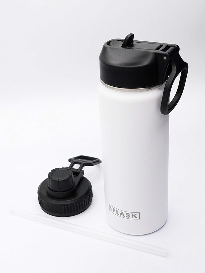 Sport Travel Outdoor Water Bottle with Spout and Straw Lids | Leak Proof | Insulated Stainless Steel Double Walled | BPA and Sweat free | Hot & Cold | For Kids Men & Women (White, 18 oz)