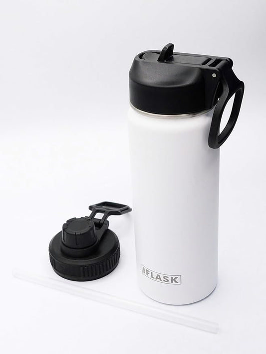 Sport Travel Outdoor Water Bottle with Spout and Straw Lids | Leak Proof | Insulated Stainless Steel Double Walled | BPA and Sweat free | Hot & Cold | For Kids Men & Women (White, 18 oz)