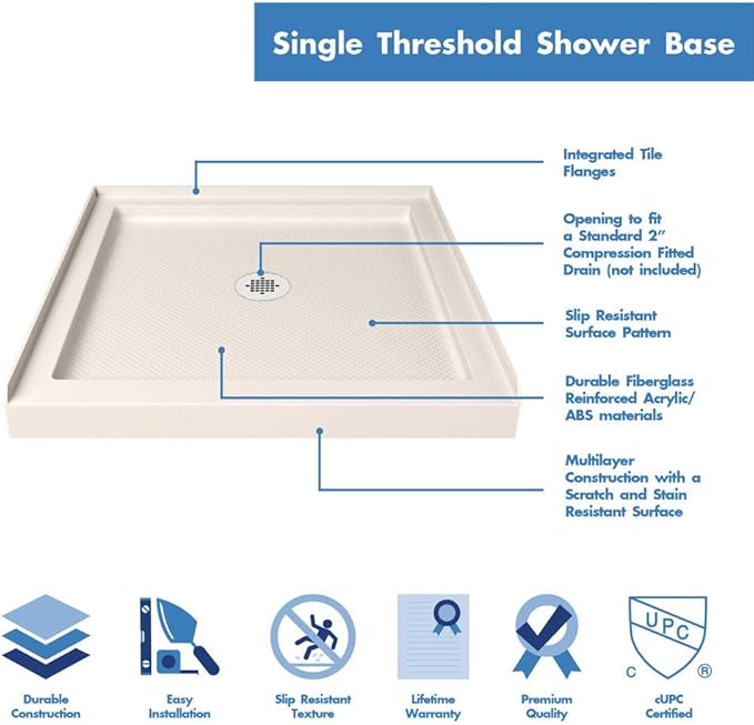 DreamLine SlimLine 36 in. D x 36 in. W x 2 3/4 in. H Center Drain Single Threshold Shower Base in Biscuit, DLT-1136360-22