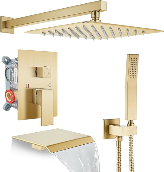 gotonovo Rain Shower Faucet System Set Rainfall Shower Head with Handheld Sprayer Waterfall Tub Spout Wall Mounted Mixer Combo Rough-in Valve and Trim Included 12 Inch Showerhead Brushed Gold