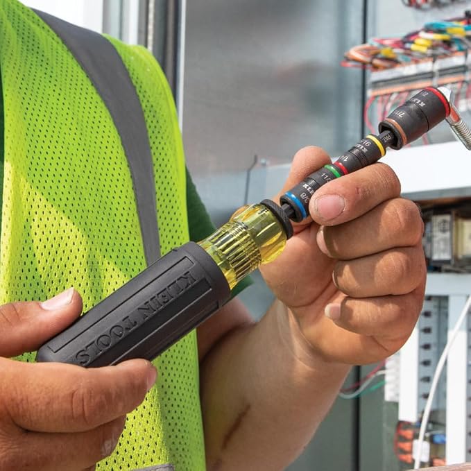 Klein Tools 32907 Impact Driver, 7-in-1 SAE Impact Socket Set, Flip Socket Set with 1/4, 5/16, 11/32, 3/8, 7/16 and 1/2-Inch Nut Driver Sizes and 1/4-Inch Bit Holder, 5-Inch Shaft