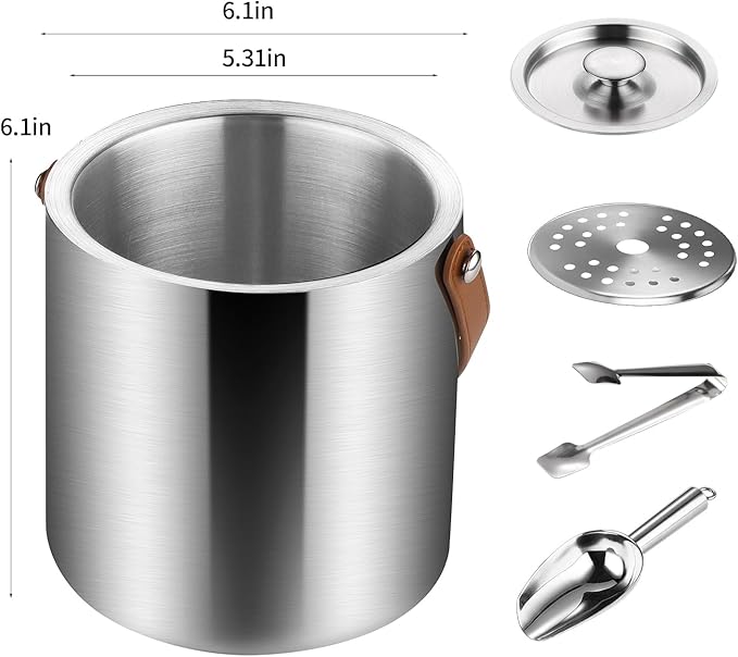 Stainless Steel Double-Wall Insulated Ice Bucket with Lid, Scoop, Tong, Strainer, Leather Handle Keep Ice Frozen Longer Large Wine Ice Buckets for Parties Cocktail Bar Chilling Champagne 2L